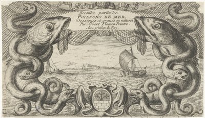 Pejzaż morski z obramowaniem stworzeń morskich i siecią rybacką Ryby i inne morskie stworzenia - druga seria słonowodnych (tytuł serii) Poissons de mer (tytuł serii na obiekcie) autorstwa Albert Flamen