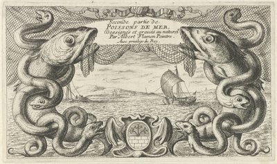 Pejzaż morski z obramowaniem stworzeń morskich i siecią rybacką Ryby i inne morskie stworzenia - druga seria słonowodnych (tytuł serii) Poissons de mer (tytuł serii na obiekcie) autorstwa Albert Flamen
