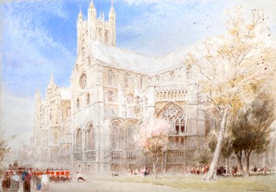 Katedra w Canterbury. Parada żołnierzy (akwarela z tuszem) autorstwa Albert Goodwin