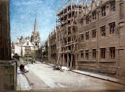 Oriel College, Oxford (akwarela i farba do ciała na barwionym papierze) autorstwa Albert Goodwin