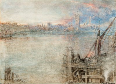 Westminster z budynkami Parlamentu o zachodzie słońca (pióro i czarny tusz oraz akwarela z wydrapywaniem na papierze) autorstwa Albert Goodwin