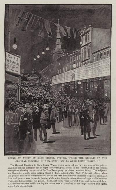 Scena nocą na King Street w Sydney, podczas wywieszania wyników wyborów powszechnych w Nowej Południowej Walii autorstwa Albert Henry Fullwood