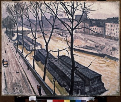 ""Paris en hiver, quai Bourbon"" (Paryż zimą. Quai Bourbon) Barki na brzegach Sekwany. Obraz Pierre