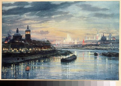 Iluminacje a Moskwa (Iluminacje w Moskwie). Rysunek Alberta Nikołajewicza Benoisa (1852-1936). Litografia kolorowa, XIX-wieczna sztuka rosyjska. Rosyjska Biblioteka Państwowa, Moskwa. autorstwa Albert Nikolayevich Benois