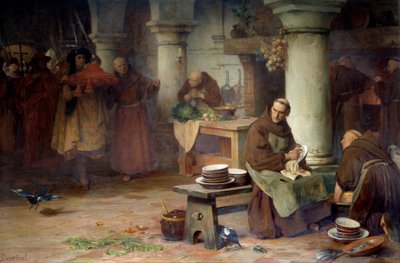 Św. Bonawentura (San Bonaventura) (1217-1274) otrzymujący purpurowy kardynał Wysoki urzędnik Watykanu przynosi bar kardynalski do mnicha, który zajmuje się działalnością menażerii w opactwie. Obraz Alberta Pierre