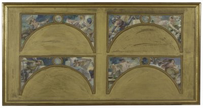 Szkic na Salon des Lettres w paryskim ratuszu: wielkie dzieła literackie (La Chanson de Roland, Le Misanthrope, Eviradnus, Mimi Pinson, Le Cid, Phèdre, Pantagruel, La Cigale), ok. 1890 (olej na płótnie z czarnym tuszem) autorstwa Albert Pierre Rene Maignan