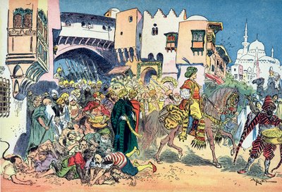 Aladyn jadący ulicami miasta i rzucający wokół siebie pieniędzmi Ilustracja autorstwa Alberta Robidy (1848-1926) do bajki „Aladyn i cudowna lampa” w „les mille et une nuits” (Ilustracja do bajki „Aladyn” ” w „Księdze One Tho autorstwa Albert Robida