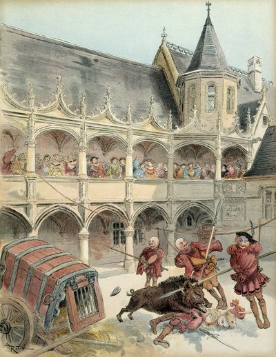 Dzik Amboise. Podczas obchodów po losie króla Franciszka I (1494-1547) w 1515 r. dzik na dziedzińcu zamku w Amboise zburzył barykadę i wspiął się po schodach prowadzących na piętro. Król zastrzelił go mieczem. Il autorstwa Albert Robida