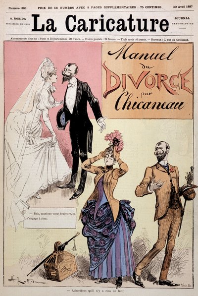 Para wyszła za mąż, a następnie rozwodziła się, „Le Manuel du rozwód”” autorstwa Chicaneau, ilustracja Albert Robida (1848-1926), okładka. „”Karykatura””, 30.04.1887. autorstwa Albert Robida