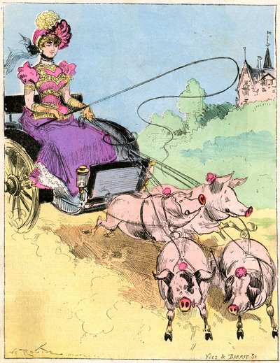 Rysunek Alberta Robidy (1848-1926) na okładce Comique World nr 296 (początek XX wieku) - Nowy, bardzo elegancki zaczep na małe wycieczki na wieś - Młoda kobieta prowadząca świński powóz (świnie) - autorstwa Albert Robida