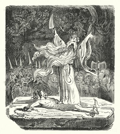 Druid składający ofiarę z człowieka (rycina) autorstwa Albert Robida