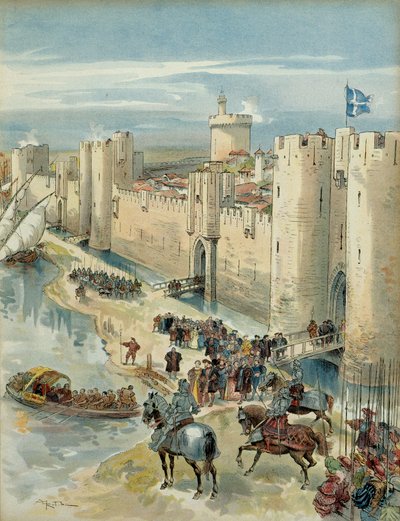 Ósma wojna włoska (1536-1538): wywiad z Aigues Mortes (lub treve z Aigues Mortes) 14 lipca 1538, spotkanie Franciszka I (1494-1547), króla Francji i Karola V (1500-1558), króla Hiszpanii i Cesarz Świętego Cesarstwa Rzymskiego Germański. Ilustracja autorstwa Albert Robida
