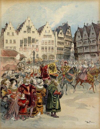 Wybór Karola V (1500-1558) na cesarza Niemiec w dniu 28 czerwca 1519 r. Ulicami Frankfurtu (Niemcy) przebiega orszak siedmiu elektorów. Ilustracja autorstwa Albert Robida