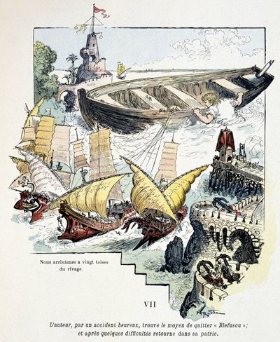 Gulliver i jego gigantyczna łódź w porcie Lilliputian – w „Podróżach Guliwera” Jonathana Swifta (1721), il. przez Robida autorstwa Albert Robida