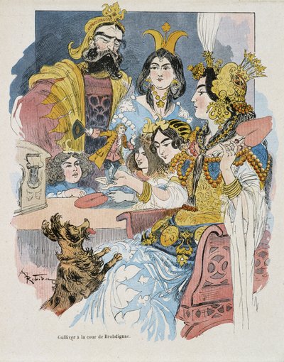 Guliwer na dworze Brobdignac - w „Podróżach Guliwera” Swifta, il. przez Robida autorstwa Albert Robida