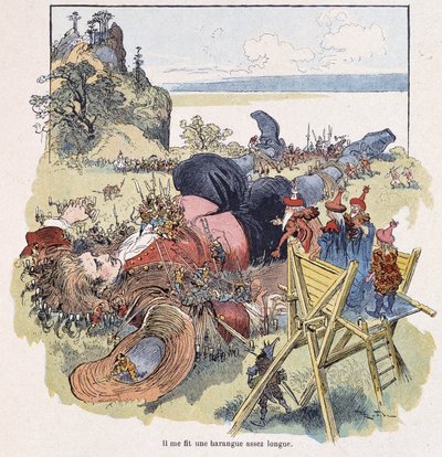 Guliwer związany przez Lilliputów - w „Podróżach Guliwera” Swifta, il. przez Robida autorstwa Albert Robida