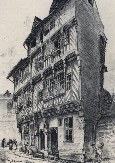 Dom rue Saint Guillaume w Rennes - Stara Francja - Bretania - tekst, rysunki i litografie, Albert Robida (1848-1926) niedatowany koniec XIX wieku autorstwa Albert Robida