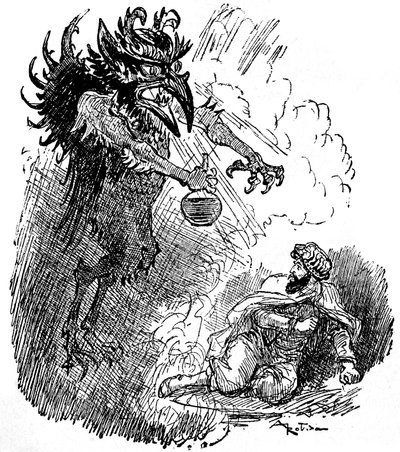 Ilustracja Alberta Robidy (1848-1926) do arabskiej legendy (1001 nocy) (Opowieści z tysiąca i jednej nocy): straszny demon (zły dżin) wręcza mężczyźnie butelkę wina. rycina książki „Choix de wykłady”” Armand Colin 1926. autorstwa Albert Robida