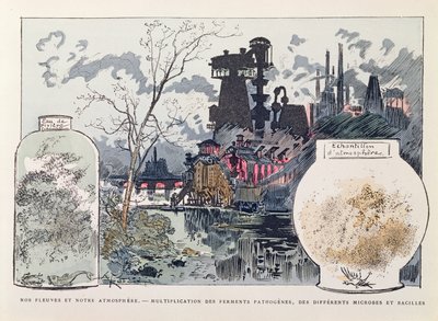 Zanieczyszczenia przemysłowe, ilustracja z „Le XXe siecle, La Vie Electrique”, c. 1890 (kolorowe grawerowanie) autorstwa Albert Robida