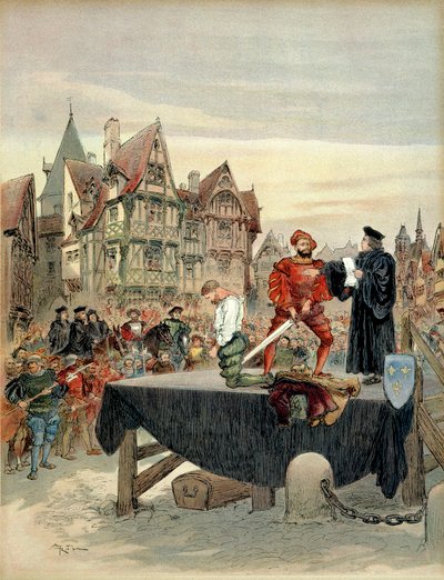 Jean de Poitiers, seigneur Saint Vallier (ok. 1475-1539), kapitan gwardii Charles de Bourbon (1489-1537) był gracie na szafocie w 1524. Ilustracja autorstwa Albert Robida