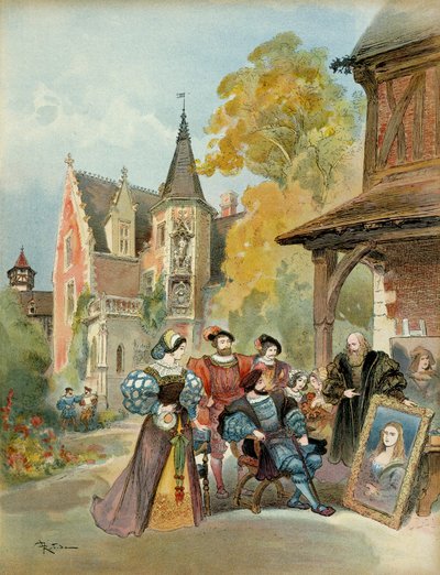 Król Franciszek I (1494-1547) kupował Mona Lisę Leonardowi de Vinci (Leonardo da Vinci) (1452-1519), w pobliżu zamku królewskiego w Amboise, w latach 1516-1519. Ilustracja autorstwa Albert Robida