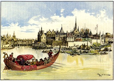 Król Henryk III w łodzi kładzie pierwszy kamień pod budowę Pont Neuf nad Sekwaną w Paryżu, 31 maja autorstwa Albert Robida