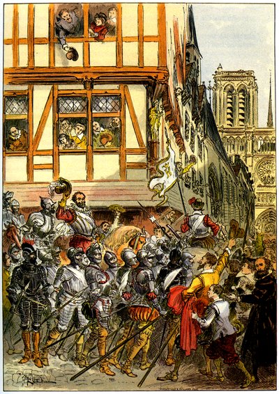 Król Francji Henryk IV wiwatowany przez tłum, gdy przybył do Notre-Dame po kapitulacji Paryża 22 marca. autorstwa Albert Robida