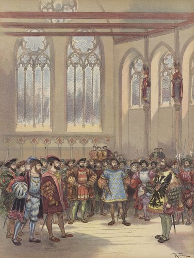 Herold Burgundii, wysłany przez Charlesa-Quinta, zostaje przyjęty przez Francois Ier w wielkiej sali Parlamentu autorstwa Albert Robida