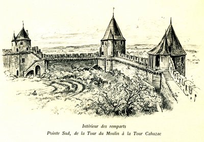 Średniowieczne miasto Carcassonne (Aude, Langwedocja, Kraj Katarów) - Wnętrze murów obronnych, południowy kraniec, od wieży Moulin do wieży Cahuzac - lokalizacja teatru na świeżym powietrzu - romantyczna rycina Alberta Robidy (1848-1926) w książka opubliko autorstwa Albert Robida
