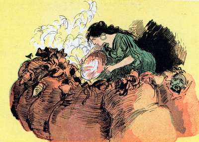 Morgiana zabija 37 złodziei ukrytych w słoikach (rysunek) autorstwa Albert Robida