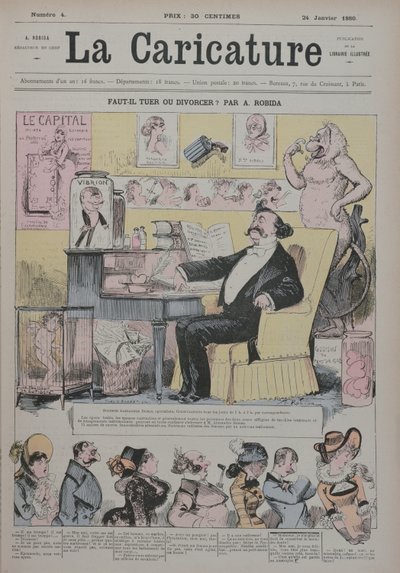 Morderstwo lub rozwód, okładka „La Caricature” przedstawiająca Aleksandra Dumasa Filsa (1824-95) jako „eksperta” od dramatów małżeńskich, 1 stycznia 1880 autorstwa Albert Robida