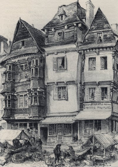 Place du marche w Lannion - Stara Francja - Bretania - tekst, rysunki i litografie, Albert Robida (1848-1926) niedatowany koniec XIX wieku autorstwa Albert Robida