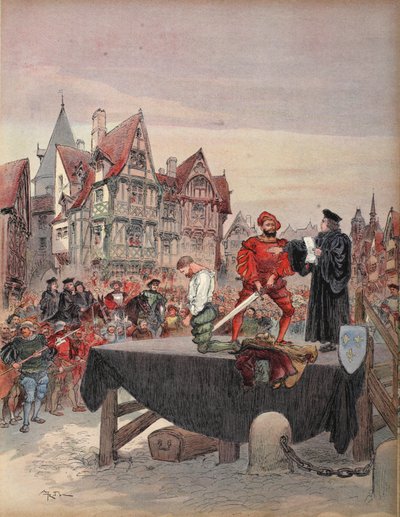 Saint Vallier ułaskawiony na rusztowaniu, ilustracja z „Francois Ier: Le Roi Chevalier, George G. Toudouze, wyd. 1909 autorstwa Albert Robida