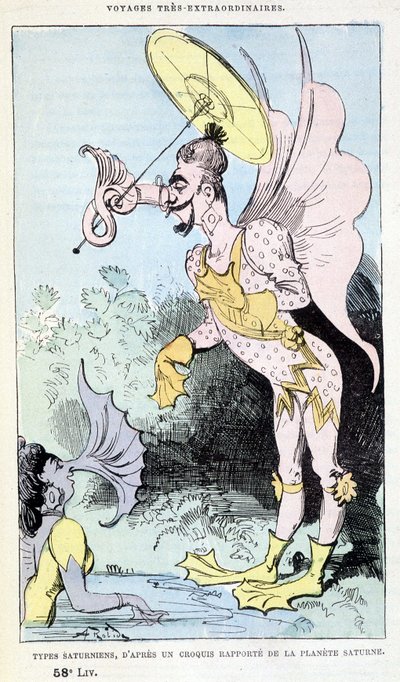 Typy saturna ze zgłoszonego szkicu planety Saturn (pseudo-antropologiczne groteskowe potwory), parodia Juliusza Verne