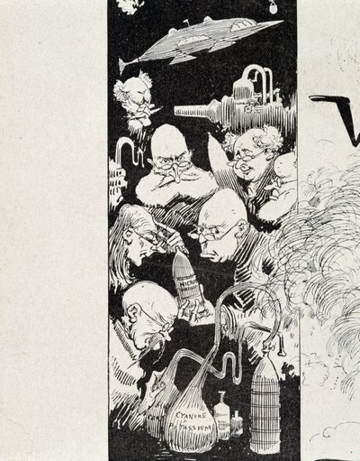 Siedmiu naukowców ze swoim wynalazkiem. W „Wojnie w XX wieku” A. Robida autorstwa Albert Robida