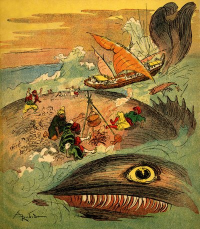 Sindbad żeglarz (Sinbad) - Opowieść o tysiącu i jednej nocy (1001) - księga z 1948 roku opowiadająca o jego przygodach (wydanie Fortin, kolekcja Cudowne obrazowanie dzieciństwa) - ilustracja Alberta Robidy (1848 - 1926): Sindbad i jego towarzysze przegrany autorstwa Albert Robida