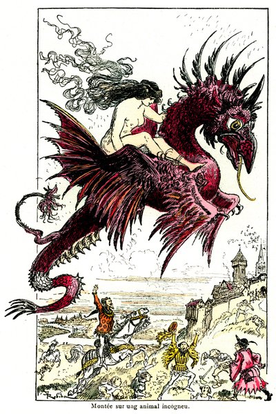 Sukkub: żeński demon (kobieta - kobieta) jadący na smoku - ilustracja Alberta Robidy do Drolatic Tales Honore de Balzac - początek XX wieku autorstwa Albert Robida