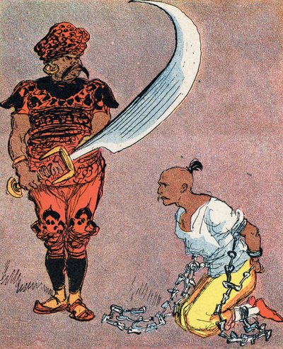 Sułtan nakazuje ściąć głowę Aladyna. Ilustracja Alberta Robidy (1848-1926) do bajki „Aladyn i cudowna lampa” w „Les mille et une nuits” (Ilustracja do bajki „Aladyn” w „Księdze Tysiąca i jednej nocy lub „The Arabian”. autorstwa Albert Robida