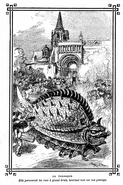 Tarasque Tarascona, bajeczny potwór folkloru Prowansji: ilustracja Alberta Robidy do podręcznika szkolnego „Wybór czytań” A Mironneau, Librairie Armand Colin 1911 - autorstwa Albert Robida