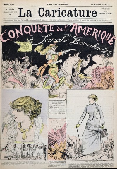 „Podbój Ameryki” Sarah Bernhardt, rysunek z magazynu „La Caricature” autorstwa Albert Robida