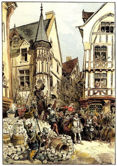 Duc de Guise wiwatowany przez tłum i żołnierzy pułku Gardes Francaises w Paryżu w Dniu Barykady autorstwa Albert Robida