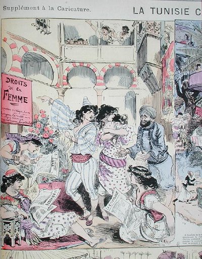 „Prawa kobiet” w Tunezji, rysunek z „Karykatury” 1883 (kolor lito) autorstwa Albert Robida