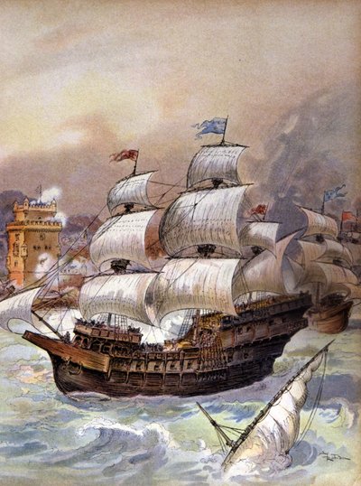 Flota Jeana Ango blokuje Tag i zagraża Lizbonie, ok. 1909 r. (Ilustracja) autorstwa Albert Robida