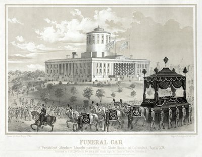 Wóz pogrzebowy prezydenta Abrahama Lincolna przejeżdżający przez State House w Columbus, 29 kwietnia, wyd. 1865 (grawerowanie) autorstwa Albert Ruger
