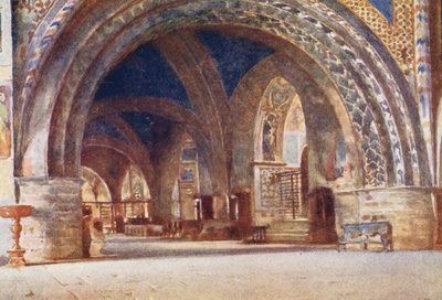 Dolny kościół S Francesco, Asyż (kolorowa litografia) autorstwa Alberto Pisa