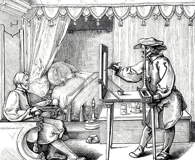 Drzeworyt przedstawiający artystę używającego pomocy rysunkowej w celu uzyskania prawidłowych proporcji portretu. Grawer Albrechta Dürera (1471-1528) niemieckiego malarza, grafika i teoretyka renesansu autorstwa Albrecht (after) Durer or Duerer