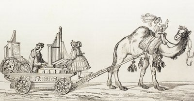 Organista Paul Hoffaner bawiący się w powozie ciągniętego przez wielbłąda, ok. 1880 (rycina) autorstwa Albrecht (after) Durer or Duerer
