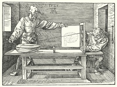 Wykorzystanie strun do skonstruowania obrazu perspektywicznego lutni (grawerowanie) autorstwa Albrecht (after) Durer or Duerer