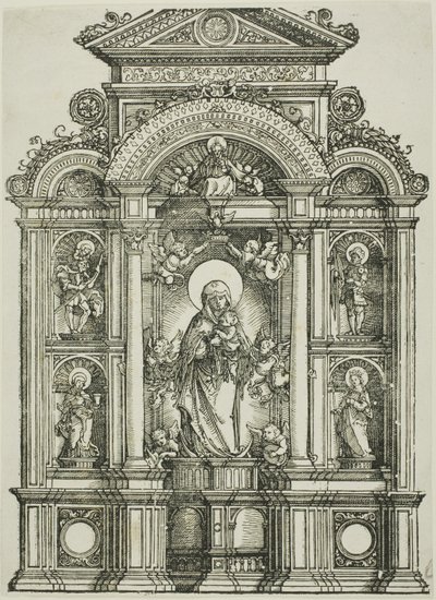 Ołtarz z Piękną Dziewicą z Ratyzbony i świętymi Krzysztofem, Marią Magdaleną, Florianem i Katarzyną stojącymi w niszach, z Bogiem Ojcem powyżej autorstwa Albrecht Altdorfer