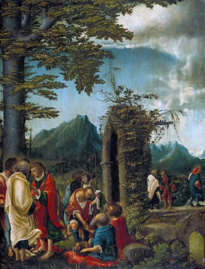 Der Abschied der Apostel in waldiger Landschaft Wspólnota Apostołów / Apostołowie w zalesionym krajobrazie autorstwa Albrecht Altdorfer